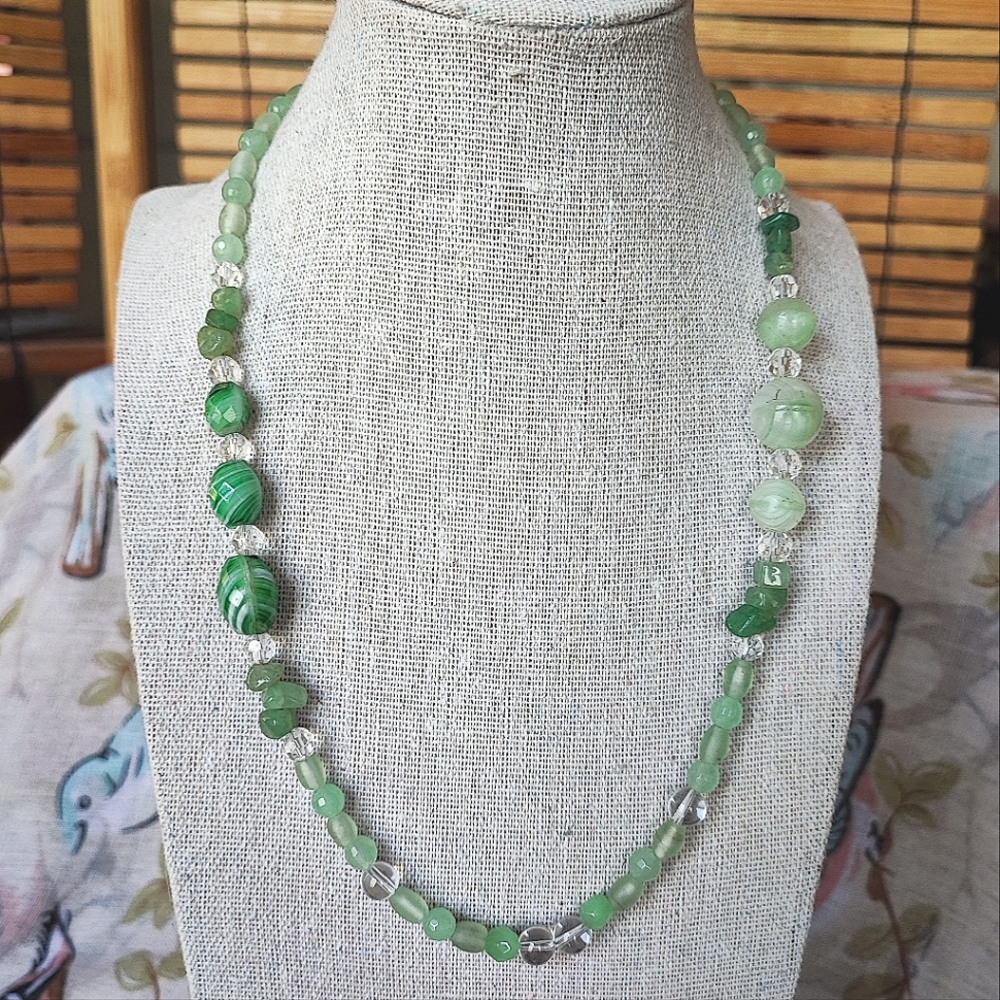 Vintage Venetian Glass Green Tumbled Stone Jadeite Color Toggle Clasp Necklace